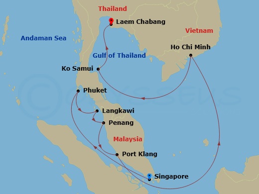 NCL Norwegian Sun Cruise Tours - 15 Night - Pre Cruisetour Singapore City Highlights Package - NCL Norwegian Sun Cruise Tours - Starting in At Hotel, Singapore, Phuket, Thailand, Langkawi, Ma.. itinerary map