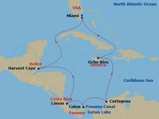 NCL Norwegian Pearl - 11 Night - Panama Canal - Miami - NCL Norwegian Pearl - Starting in Miami, Fl, Ocho Rios, Jamaica, Cartagena CO, Panama Canal Gatun Lake, Panama, Colon, Panam.. itinerary map