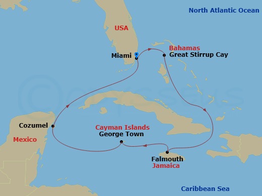 NCL Norwegian Encore - 7 Night - Western Caribbean - Miami - NCL Norwegian Encore - Starting in Miami, Fl, Great Stirrup Cay, Bahamas, Falmouth, Jamaica, George Town, Cayman Islands.. itinerary map