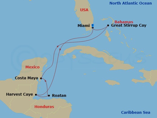 NCL Norwegian Encore - 7 Night - Western Caribbean - Miami - NCL Norwegian Encore - Starting in Miami, Fl, Harvest Caye, Belize, Roatan Bay Islands, Honduras, Costa Maya, Mexico, Gr.. itinerary map