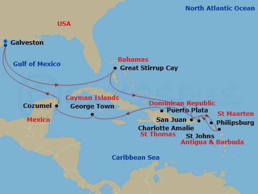 NCL Norwegian Viva - 14 Night - Caribbean - NCL Norwegian Viva - Starting in Galveston, Texas, Great Stirrup Cay, Bahamas, San Juan, Pr, St Johns AG, Antigua, Philipsburg, St Maar.. itinerary map