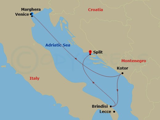 MSC Armonia - 4 Night - Vce - MSC Armonia - Starting in Venice / Marghera, Italy, Kotor, Montenegro, Brindisi (Lecce), Italy, Split, Croatia itinerary map