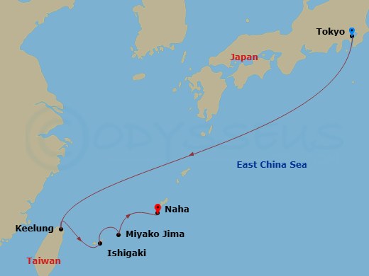 MSC Bellissima - 6 Night - Tyo - MSC Bellissima - Starting in Tokyo, Japan, Keelung (Taipei) Taiwan, China, Ishigaki, Japan, Miyako Island, Japan, Naha (Okinawa), Japan itinerary map