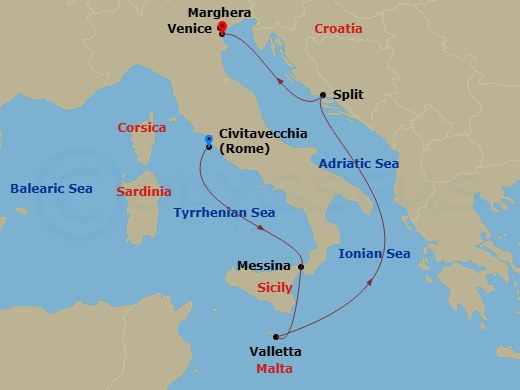 MSC Armonia - 5 Night - Cvv - MSC Armonia - Starting in Civitavecchia (Rome), Italy, Messina (Taormina), Italy, La Valletta, Malta, Split, Croatia, Venice / Marghera, Italy itinerary map