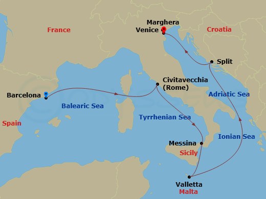 MSC Armonia - 7 Night - Bcn - MSC Armonia - Starting in Barcelona, Spain, Civitavecchia (Rome), Italy, Messina (Taormina), Italy, La Valletta, Malta, Split, Croatia, Venice.. itinerary map