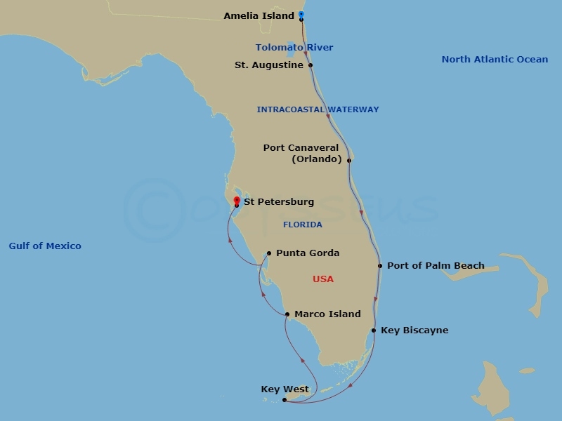 American Navigator - 15 Night - Grand Florida Coast & Keys Cruise - American Navigator - Starting in Amelia Island, FL, Day of Cruising, Amelia Island, FL, Cruising the Tolomato R.. itinerary map