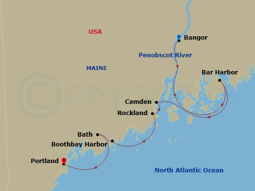 American Mariner - 8 Night - Maine Coast & Harbors Cruise - American Mariner - Starting in Bangor ME, Day of Cruising the Maine Coast, Bar Harbor, Me, Rockland, ME / Camden, ME,.. itinerary map