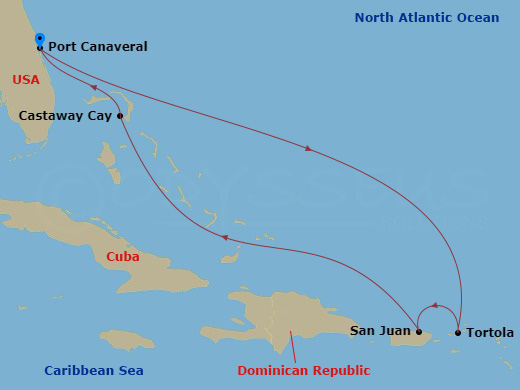 Disney Treasure - 7 Night - Eastern Caribbean Cruise from Port Canaveral - Disney Treasure - Starting in Port Canaveral, Tortola, San Juan, Castaway Cay, Port Canaveral itinerary map