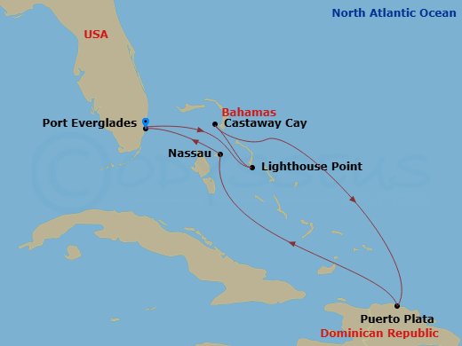 Disney Destiny - 7 Night - Eastern Caribbean Cruise from Fort Lauderdale - Disney Destiny - Starting in Port Everglades, Disney Lookout Cay, Castaway Cay, Puerto Plata, Domini.. itinerary map