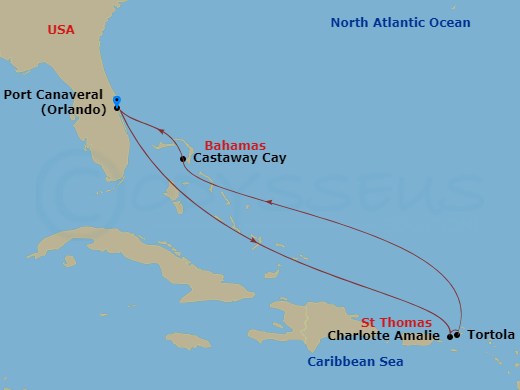 Disney Treasure - 7 Night - Very Merrytime Eastern Caribbean Cruise from Port Canaveral - Disney Treasure - Starting in Port Canaveral, St Thomas, US Virgin Islands, Tortola, C.. itinerary map