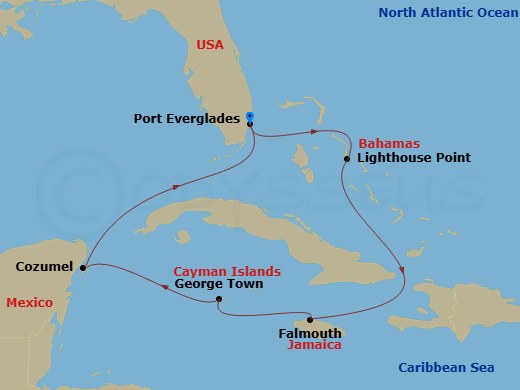 Disney Destiny - 7 Night - Halloween On the High Seas Western Caribbean Cruise from Fort Lauderdale - Disney Destiny - Starting in Port Everglades, Disney Lookout Cay, Falmout.. itinerary map