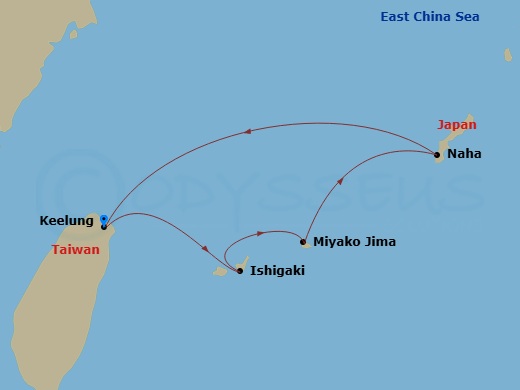 MSC Bellissima - 5 Night - Far East - MSC Bellissima - Starting in Keelung (Taipei) Taiwan, China, Ishigaki, Japan, Miyako Island, Japan, Naha (Okinawa), Japan, Ishigaki, Japa.. itinerary map