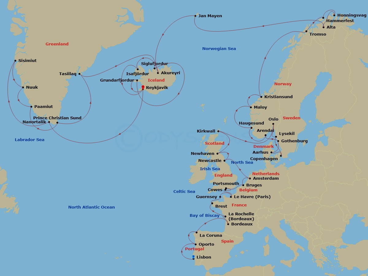 54 Night - Baltic & Northern Europe - Crystal Symphony - Starting in Lisbon, Oporto (Leixoes), A Coruna, Bordeaux, La Rochelle, France, Brest, St Peter Port, Le Havre, Cowes, Portsmouth UK, Zeebrugge, Ijmuiden (Amsterdam), Newcastle upon Tyne, Newhaven, Kirkwall, Oslo, Lysekil, Copenhagen, Aarhus, Gothenburg, Arendal, Haugesund, Maloy, Kristiansund, Tromso, Hammerfest, Honningsvag (Nord Cape), Alta, Jan Mayen Island (Sightseeing Only), Akureyri, Isafjordur, Reykjavik, Nanortalik (Kujalleq), Sisimiut, Nuuk (Godthab), Paamiut, Cruise Prince Kristian Fjord, Tasiilaq, Siglufjordur, Isafjordur, Grundarfjordur, Reykjavik itinerary map