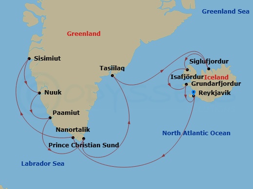 14 Night - Baltic & Northern Europe - Crystal Symphony - Starting in Reykjavik, Nanortalik (Kujalleq), Sisimiut, Nuuk (Godthab), Paamiut, Cruise Prince Kristian Fjord, Tasiilaq, Siglufjordur, Isafjordur, Grundarfjordur, Reykjavik itinerary map