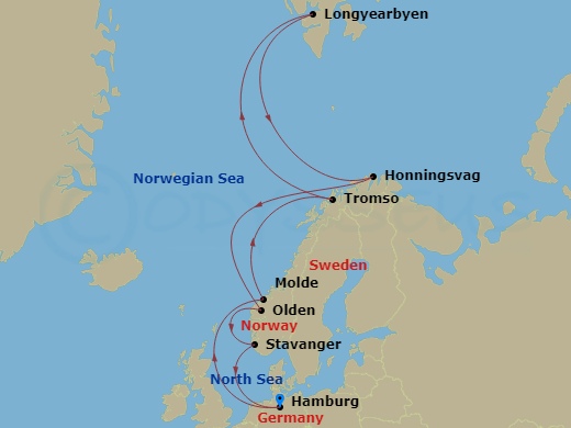 14 Night - Northern Europe - MSC Preziosa - Starting in Hamburg, Germany, Molde, Norway, Tromso, Norway, Longyearbyen (Spitsbergen), Svalbard, Honningsvag (North Cape), Norway, Olden, Norway, Stavanger (Lysefijord), Norway, Hamburg, Germany itinerary map