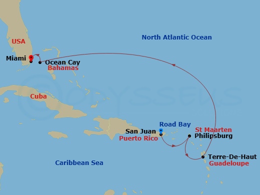 EXPLORA IV - 7 Night - A Journey Across Turquoise Seas and Timeless Streets - EXPLORA IV - Starting in San Juan, St Maarten / Philipsburg, Terre-De-Haut, Road Bay, Ocean C.. itinerary map