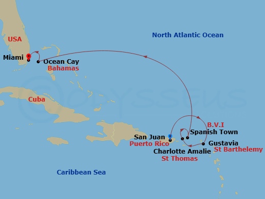 EXPLORA IV - 7 Night - A Journey of Intimate Island Bliss & Caribbean Breeze - EXPLORA IV - Starting in San Juan, Gustavia, Charlotte Amalie (Saint Thomas), Spanish Town (.. itinerary map
