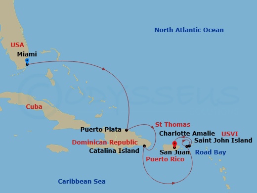 EXPLORA II - 7 Night - A Journey Into Dominican Charm & Caribbean Splendour - EXPLORA II - Starting in Miami, Puerto Plata, Dominican Republic, Isla Catalina, Charlotte Am.. itinerary map