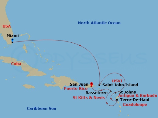 EXPLORA IV - 7 Night - A Journey Through the Vibrant Pulse of the Antilles - EXPLORA IV - Starting in Miami, St John VI (Cruz Bay), US Virgin Islands, St Johns AG, Antigua.. itinerary map