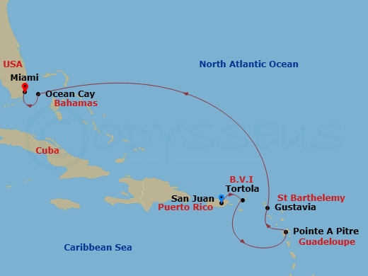 EXPLORA II - 7 Night - A Journey to Island Rhythms & Tranquil Bahamian Bliss - EXPLORA II - Starting in San Juan, Tortola / Road Town, Pointe-a-Pitre, Gustavia, Ocean Cay,.. itinerary map