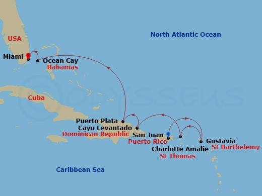 EXPLORA IV - 7 Night - A Journey Through the Caribbean's Elegant Charm & Vibrant Soul - EXPLORA IV - Starting in San Juan, Gustavia, Charlotte Amalie (Saint Thomas), Cayo.. itinerary map