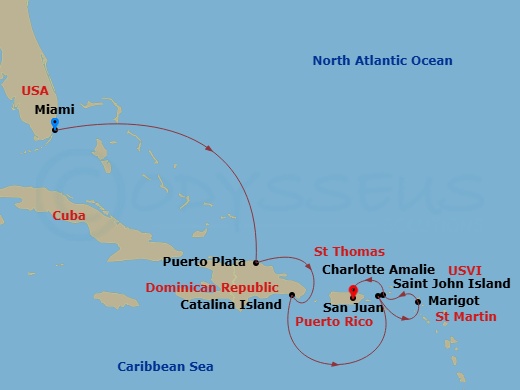 EXPLORA II - 7 Night - A Journey from Dominican Rhythms & Tranquil Bahamian Bliss - EXPLORA II - Starting in Miami, Puerto Plata, Dominican Republic, Isla Catalina, Charlo.. itinerary map