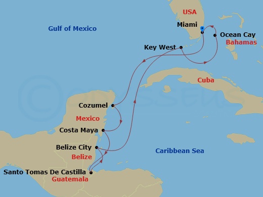 EXPLORA IV - 9 Night - A Journey Through Sacred Cenotes & Hidden Mayan Pyramids - EXPLORA IV - Starting in Miami, Cozumel, Mexico, Costa Maya, Mexico, Santo Tomas, Belize.. itinerary map