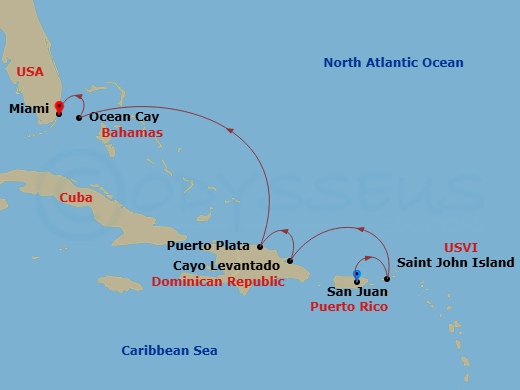 EXPLORA IV - 7 Night - A Journey of Salsa Beats, Spectacular Fireworks & Dominican Charm - EXPLORA IV - Starting in San Juan, St John VI (Cruz Bay), US Virgin Islands, New.. itinerary map