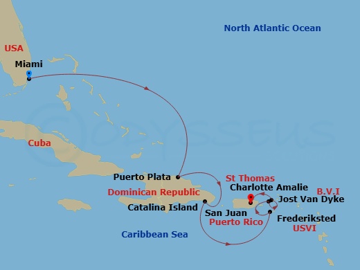 EXPLORA II - 7 Night - A Journey of Underwater Jewels & Captivating New Year's Eve Celebration - EXPLORA II - Starting in Miami, Puerto Plata, Dominican Republic, Isla Cat.. itinerary map