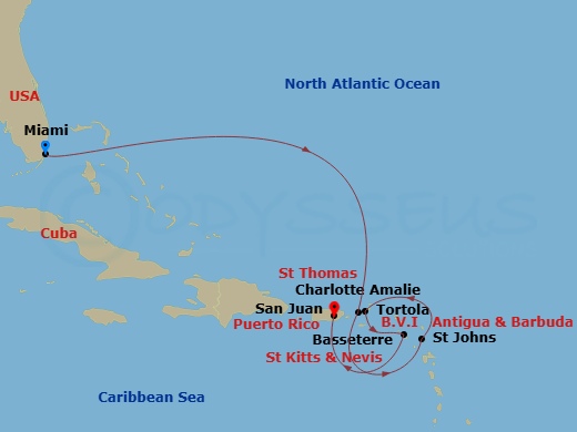 EXPLORA IV - 7 Night - A Journey Through Art Deco Wonders & Caribbean Adventures - EXPLORA IV - Starting in Miami, Charlotte Amalie (Saint Thomas), St Johns AG, Antigua, T.. itinerary map