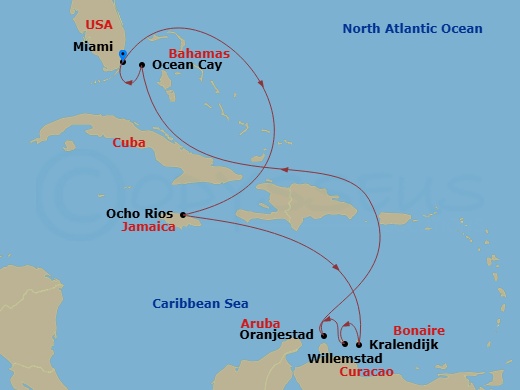 EXPLORA IV - 10 Night - A Journey of Reggae Beats & Hypnotic Caribbean Wonders - EXPLORA IV - Starting in Miami, Ocho Rios, Jamaica, Kralendijk, Willemstad AN, Oranjestad,.. itinerary map