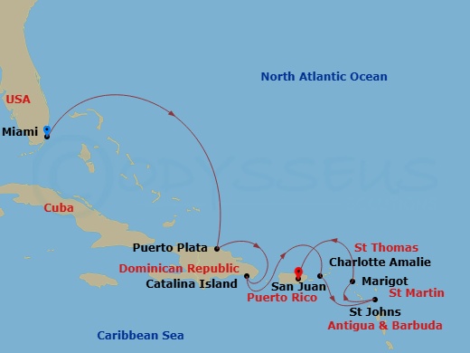 EXPLORA II - 7 Night - A Journey Into Timeless Marvels & Historical Tales of the West Indies - EXPLORA II - Starting in Miami, Puerto Plata, Dominican Republic, Isla Catal.. itinerary map