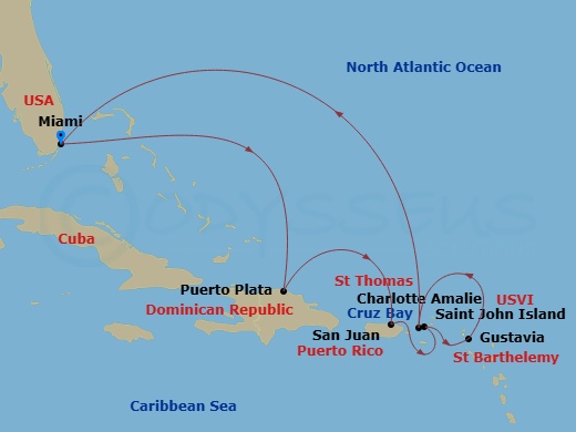 EXPLORA IV - 9 Night - A Journey of Palm-Shaded Elegance & Caribbean Cultural Fusion - EXPLORA IV - Starting in Miami, Puerto Plata, Dominican Republic, San Juan, St John.. itinerary map