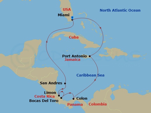 EXPLORA II - 10 Night - A Journey Through Caribbean Havens & the Tropical Gems of Seaside Cities - EXPLORA II - Starting in Miami, Port Antonio, Colon, Bocas del Toro, Pue.. itinerary map