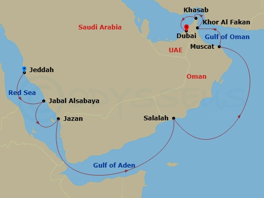 EXPLORA I - 11 Night - A Journey Across the Arabian Gulf's Timeless Shores - EXPLORA I - Starting in Jeddah, Jabal Sabaya, Jazan, Salalah, Muscat, Khor Fakkan, Khasab, Du.. itinerary map