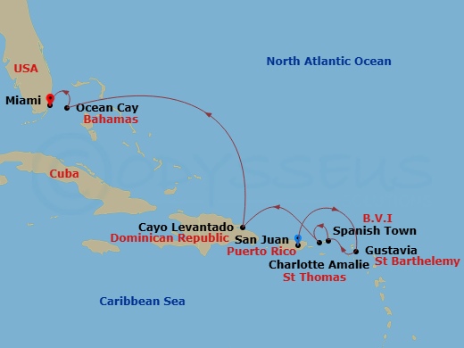EXPLORA IV - 7 Night - A Journey Through Shimmering Island History & Mesmerisingly Cultures - EXPLORA IV - Starting in San Juan, Gustavia, Spanish Town (Virgin Gorda), Cha.. itinerary map