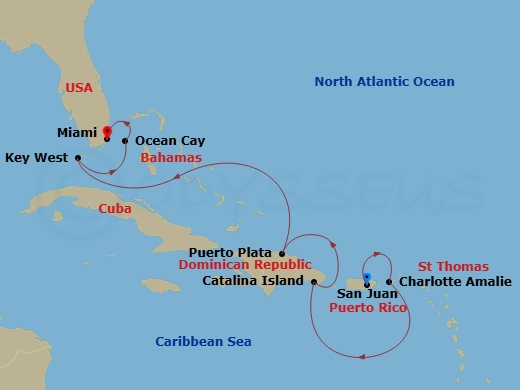 EXPLORA IV - 7 Night - A Journey Across the Caribbean's Colourful Heart - EXPLORA IV - Starting in San Juan, Charlotte Amalie (Saint Thomas), Isla Catalina, Puerto Plata,.. itinerary map