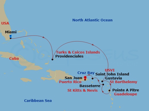 EXPLORA IV - 8 Night - A Journey Through Majestic Island Paradises & Radiant Cultures - EXPLORA IV - Starting in Miami, Providenciales, Gustavia, Pointe-a-Pitre, Basseterr.. itinerary map