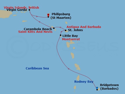 7 Night - Classic Caribbean Yacht Harbors - Seabourn Ovation - Starting in Bridgetown, Barbados, Rodney Bay, Saint Lucia, Little Bay, Montserrat, St Johns AG, Antigua, Carambola Beach, Saint Kitts and Nevis, Spanish Town, Virgin Gorda, British Virgin Islands, Philipsburg, Sint Maarten itinerary map