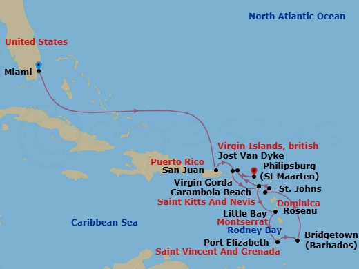 15 Night - Southern Caribbean in Depth - Seabourn Ovation - Starting in Miami, Florida, San Juan, Puerto Rico, Great Harbour, Jost van Dyke, British Virgin Islands, Carambola Beach, Saint Kitts and Nevis, Roseau, Dominica, Port Elizabeth VC, Bequia, St Vincent and the Grenadines, Bridgetown, Barbados, Rodney Bay, Saint Lucia, Little Bay, Montserrat, St Johns AG, Antigua, Carambola Beach, Saint Kitts and Nevis, Spanish Town, Virgin Gorda, British Virgin Islands, Philipsburg, Sint Maarten itinerary map