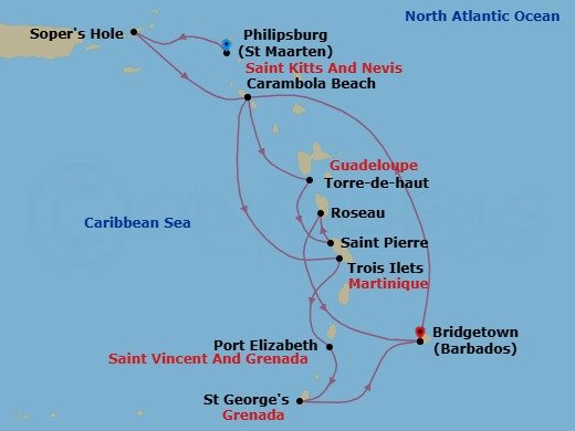 14 Night - Yachtsman's Caribbean in Depth - Seabourn Ovation - Starting in Philipsburg, Sint Maarten, Sopers Hole (Frenchmans Cay), Carambola Beach, Saint Kitts and Nevis, Trois Ilets, Martinique, Port Elizabeth VC, Bequia, St Vincent and the Grenadines, Saint Georges, Grenada, Bridgetown, Barbados, Carambola Beach, Saint Kitts and Nevis, Terre-de-Haut, Iles des Saintes, Guadeloupe, Saint Pierre, Martinique, Roseau, Dominica, Rodney Bay, Saint Lucia, Bridgetown, Barbados itinerary map