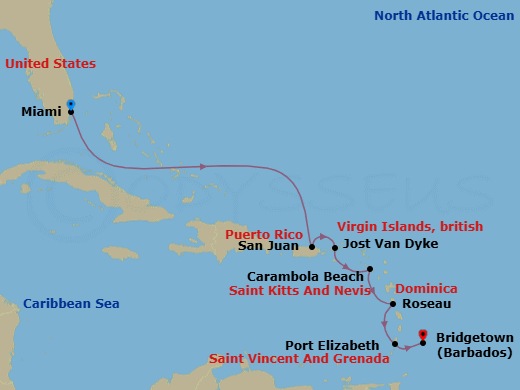 8 Night - Southern Caribbean Gems - Seabourn Ovation - Starting in Miami, Florida, San Juan, Puerto Rico, Great Harbour, Jost van Dyke, British Virgin Islands, Carambola Beach, Saint Kitts and Nevis, Roseau, Dominica, Port Elizabeth VC, Bequia, St Vincent and the Grenadines, Bridgetown, Barbados itinerary map