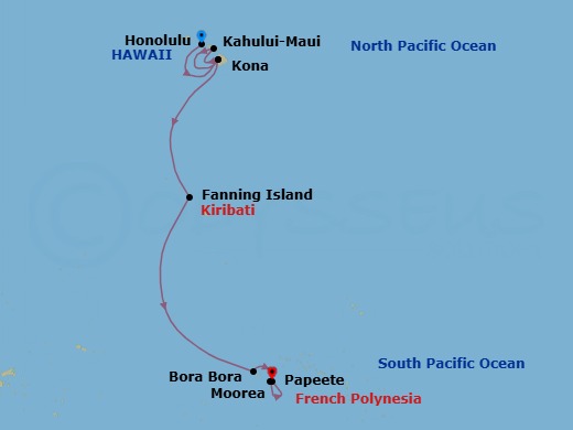 12 Night - Honolulu, Oahu, Hawaii / Papeete, Tahiti - Evrima - Starting in Honolulu, Oahu, Hawaii, Kona, Hawaii, Kahului, Maui, Hawaii, Kona, Hawaii, Fanning Island, Kiribati, Bora Bora, Moorea, Papeete, Tahiti itinerary map