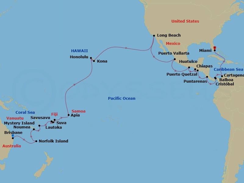 46 Night - World Cruise : South Pacific & Panama Canal - Seabourn Quest - Starting in Brisbane, Australia, Norfolk Island, Australia, Noumea, New Caledonia, Mystery Island, Vanuatu, Lautoka, Fiji, Suva, Viti Levu, Fiji, Savusavu, Vanua Levu, Fiji, Apia, Upolu, Samoa, Cross International Dateline, Crossing the Equator, Honolulu, Hawaii, Kona, Hawaii, Long Beach, California, Puerto Vallarta, Mexico, Huatulco, Mexico, Puerto Chiapas, Mexico, Puerto Quetzal, Guatemala, Puntarenas (Puerto Caldera), Costa Rica, Enter Panama Canal Balboa, Cruising Panama Canal, Exit Panama Canal Cristobal, Cartagena CO, Miami, Florida itinerary map