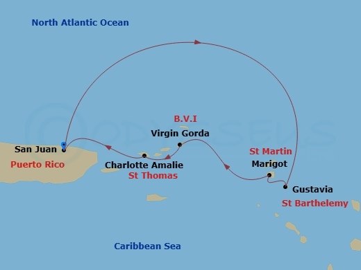 Ilma - 5 Night - San Juan / San Juan - Ilma - Starting in San Juan, Gustavia, Marigot, Virgin Gorda, St Thomas, San Juan itinerary map