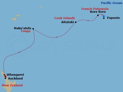 12 Night - World Cruise : South Pacific Explorer - Seabourn Quest - Starting in Papeete, French Polynesia, Bahia d Opunoha, Moorea, French Polynesia, Bora Bora, French Polynesia, Aitutaki, Cook Islands, Cross International Dateline, Nuku Alofa, Tonga, Whangarei, New Zealand itinerary map