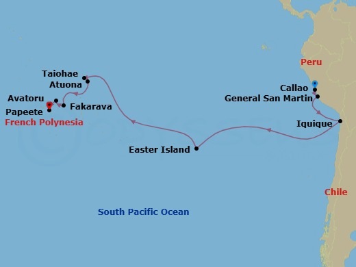 23 Night - World Cruise : South Pacific Explorer - Seabourn Quest - Starting in Callao (Lima), Peru, General San Martin (Pisco), Peru, Iquique, Chile, Easter Island, Chile, Taiohae, Nuku Hiva, French Polynesia, Atuona, Hiva Oa, French Polynesia, Fakarava, Tuamotu, French Polynesia, Avatoru, Rangiroa, French Polynesia, Papeete, French Polynesia itinerary map