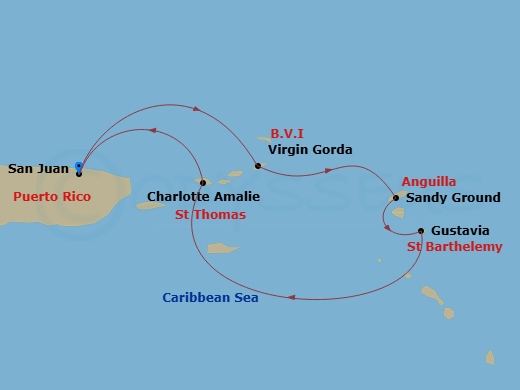 Evrima - 5 Night - San Juan / San Juan - Evrima - Starting in San Juan, Virgin Gorda, Sandy Ground, Gustavia, St Thomas, San Juan itinerary map
