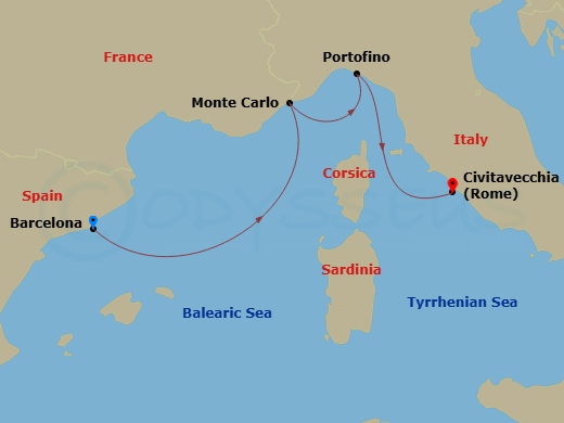 Evrima - 4 Night - Barcelona / Rome (Civitavecchia) - Evrima - Starting in Barcelona, Monte Carlo, Portofino, Rome (Civitavecchia) itinerary map