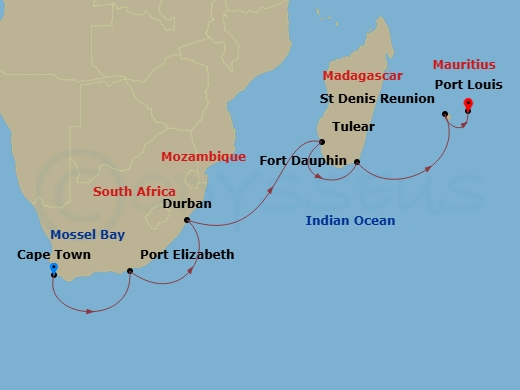 Luminara - 13 Night - Cape Town / Port Louis - Luminara - Starting in Cape Town, Mossel Bay, Port Elizabeth, Durban, Tulear, Fort Dauphin, Saint-Denis, Port Louis itinerary map